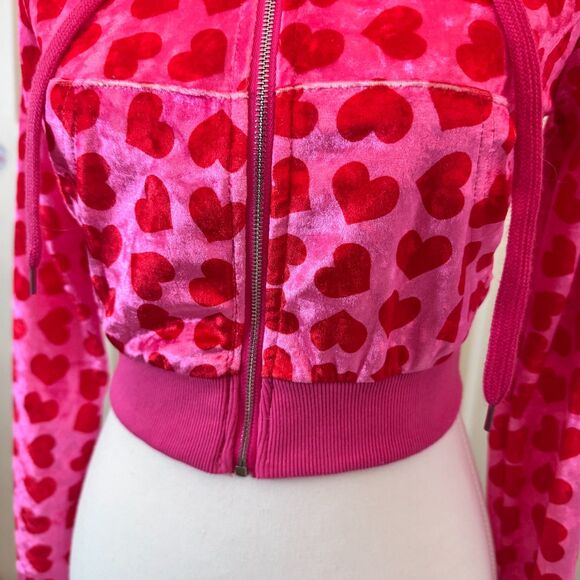 Cropped Velour Zip Up Heart Hoodie Pink & Red – XS - Picture 2 of 5